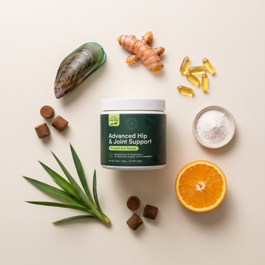 A tub of Barkwell Advanced Hip and Joint Support surrounded by ingredients including a green lipped mussel, turmeric root, fish oil capsules, a bowl of white powder, half an orange and soft chews