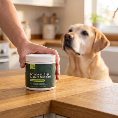 A hand placing a tub of Barkwell Advanced Hip and Joint Support on a kitchen counter while a labrador watches