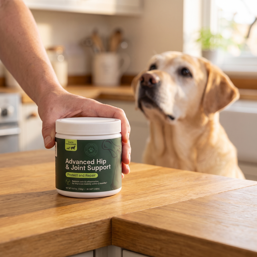 A hand placing a tub of Barkwell Advanced Hip and Joint Support on a kitchen counter while a labrador watches