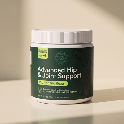 A tub of Barkwell Advanced Hip and Joint Support soft chews for large breeds over 65 lbs on a cream surface