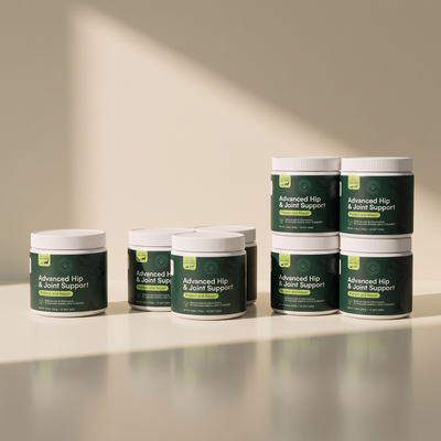 Nine tubs of Barkwell Advanced Hip and Joint Support lined up and stacked on a cream surface