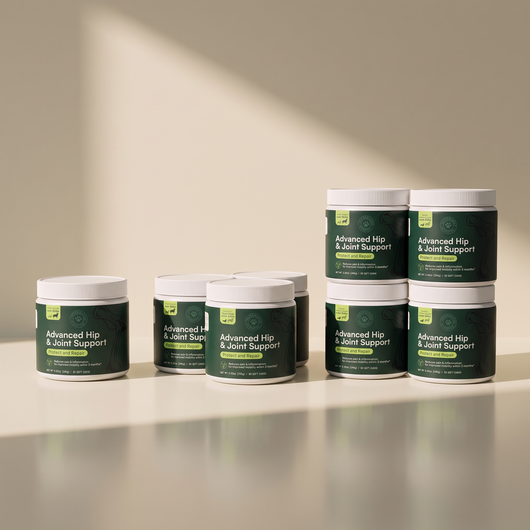Nine tubs of Barkwell Advanced Hip and Joint Support lined up and stacked on a cream surface
